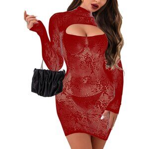 Red Stretchy Fishnet Lingerie Dress Sexy Hollow Out Bodycon Nightwear Women
